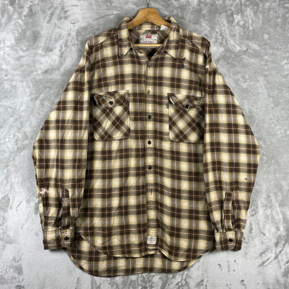 Vintage 90s Levis Shadow Plaid Flannel Shirt Mens XL Cotton Distressed Catseye